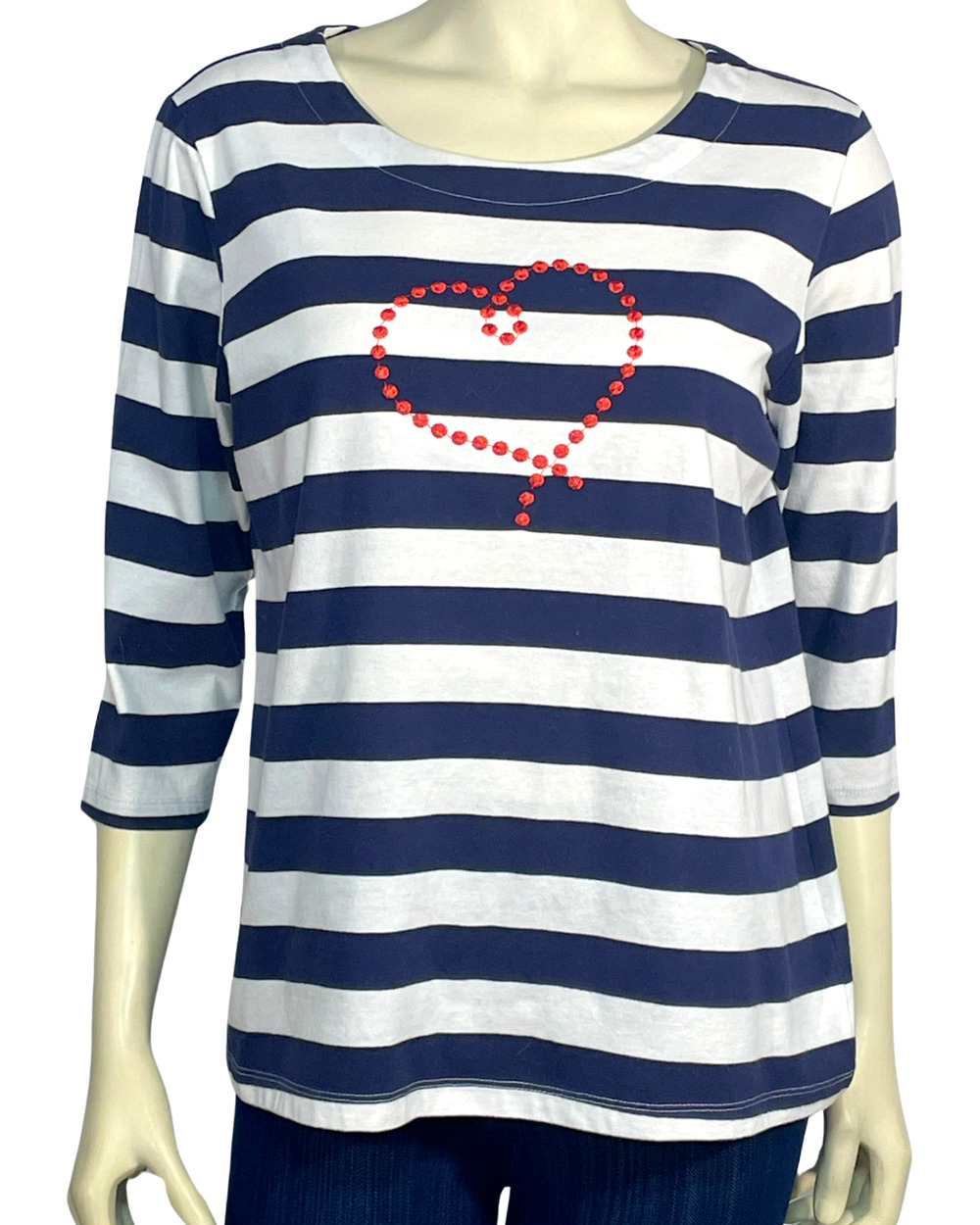 Coral Bay Sz L Boat Neck T-Shirt Top 3/4 Sleeve Heart Embroidery Navy Striped